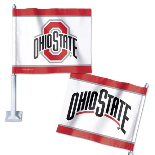 An Ohio State Buckeyes miniature double-sided car window flag mounted on a white plastic pole and suction cup, featuring the logo against a clean white background.