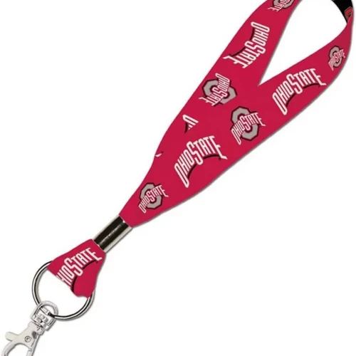 Ohio State Buckeyes black fabric lanyard featuring white team wordmark lettering and a metal key ring attachment against a clean white background.