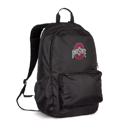 A black Ohio State Buckeyes backpack featuring a front zipper pocket, side mesh water bottle holders, and the official block team logo on the front against a clean white background.