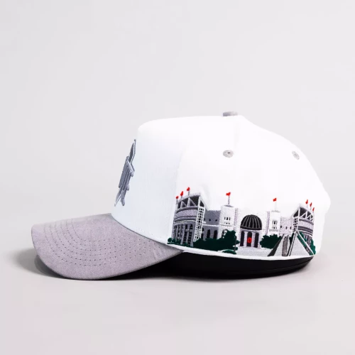 a white hat with a gray brim and an embroidered image of ohio stadium on the side 