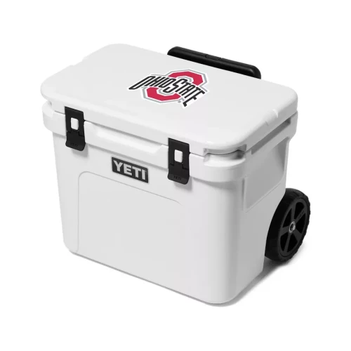 white yeti cooler with wheels and ohio state logo on top 