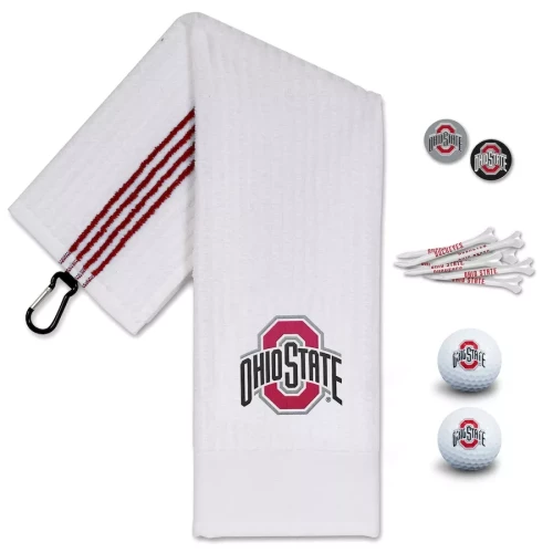 Ohio State golf set with a towel, golf balls, markers and tees