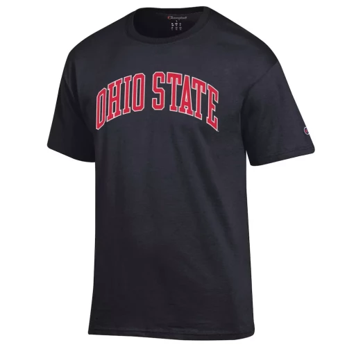 basic black short sleeve tshirt with text that reads 