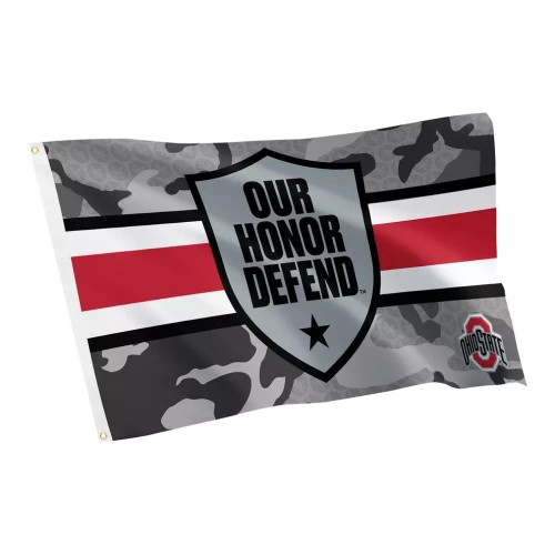 gray camo flag with ohio state helmet stripe through the middle. OHD mark on top of stripe in the middle of the flag 