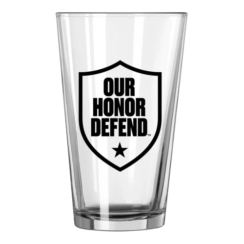 pint glass with black OHD logo in the center
