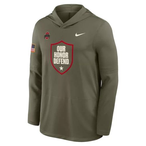 olive green hoodie, OHD mark in center of chest, Ohio State mark on the left shoulder, white nike mark on right shoulder, american flag on the left arm 