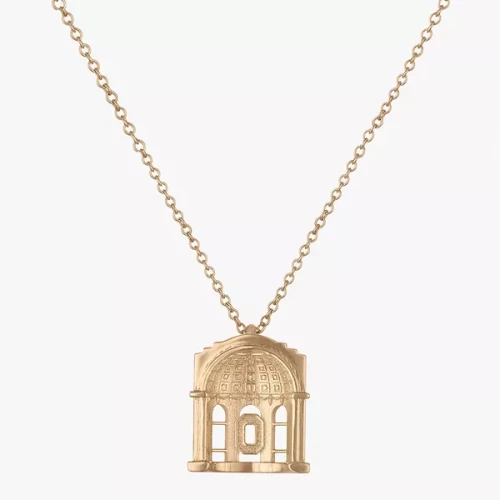 a pendant of the rotunda of ohio stadium on a gold chain
