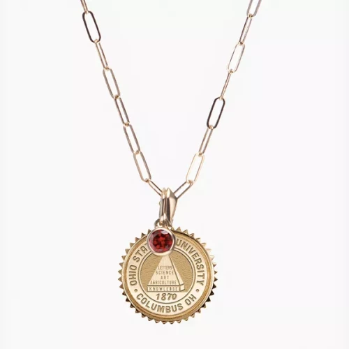 ohio state seal on a gold pendant on a gold chain with a red garnet stone 