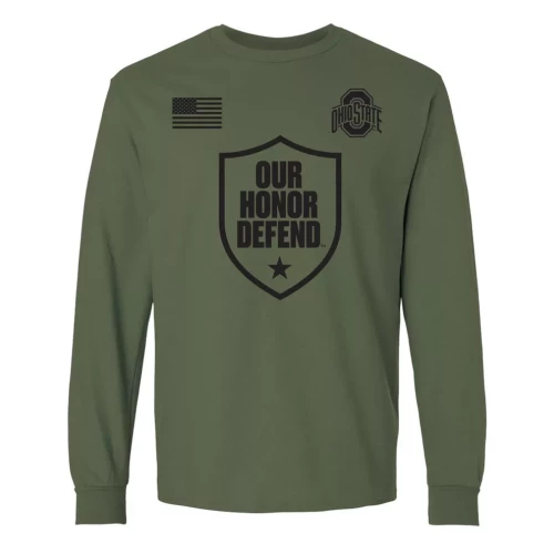 heather green long sleeve with a black OHD mark on the center chest and OSU mark on the right shoulder, American flag on the left shoulder