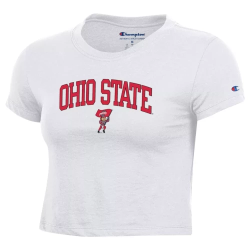 short sleeve white baby tee with red letteres that read 
