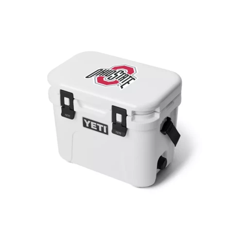white cooler with Ohio State logo on the lid against a white background