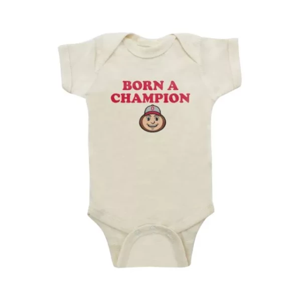 Oatmeal colored baby onesie with brutus on the chest. Reads 
