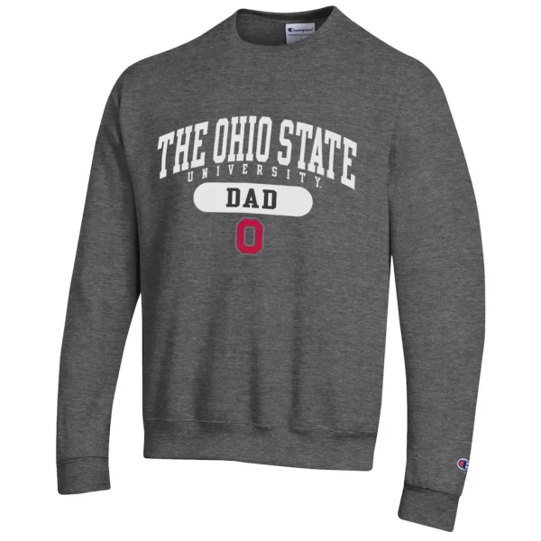 gray sweatshirt with white and red text that reads 