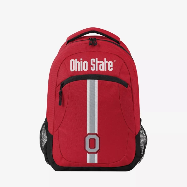 red backpack with the helmet stripe down the middle of the back of it, and a gray block O towards the bottom. It reads 