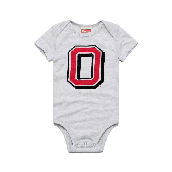 white onesie with a red and black block O design on the chest