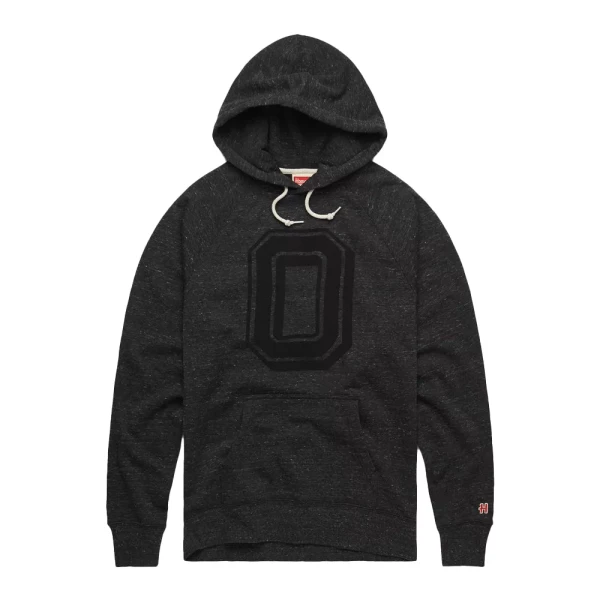 black hoodie with a black block o on the chest 