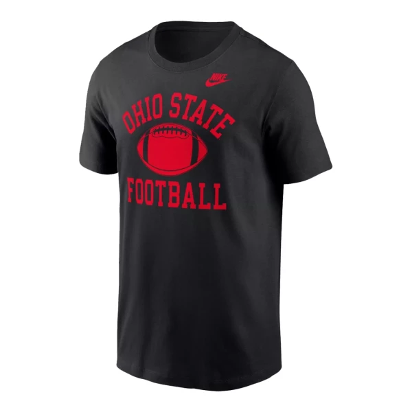 black t-shirt with a red design on the front that features a red football in the middle and 