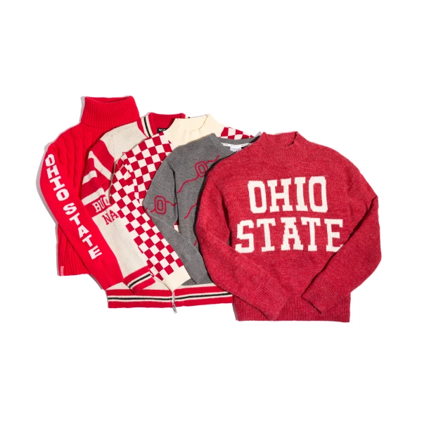 Ohio State sweaters lay on a white background flat lay. 