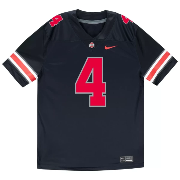 the front of a black OSU jersey #4 on a white background