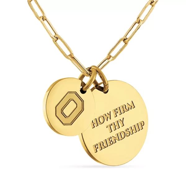 a gold necklace reads 