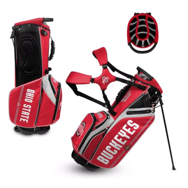 3 perspective view of a red, black, gray and white golf bag with text 