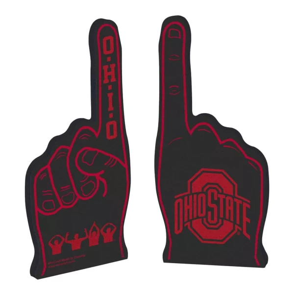 2 foam hands. Black base color with red accents. One side has the 