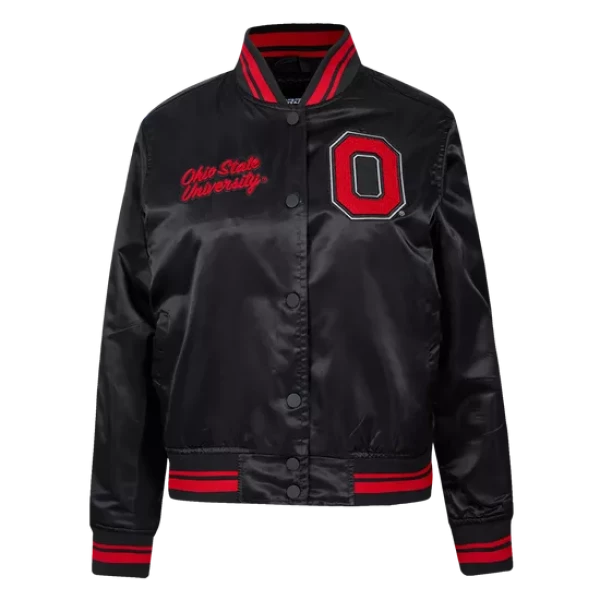 black bomber satin jacket with red detailing 