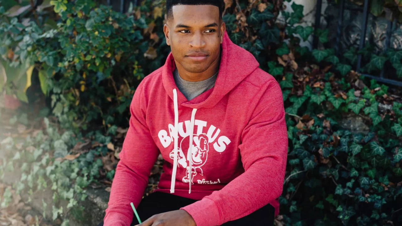 Red Brutus hoodie by Homefield on one model