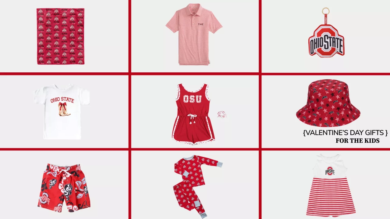 A collage of kid's Ohio State themed items, including apparel, hard goods, decor, toys, and blankets