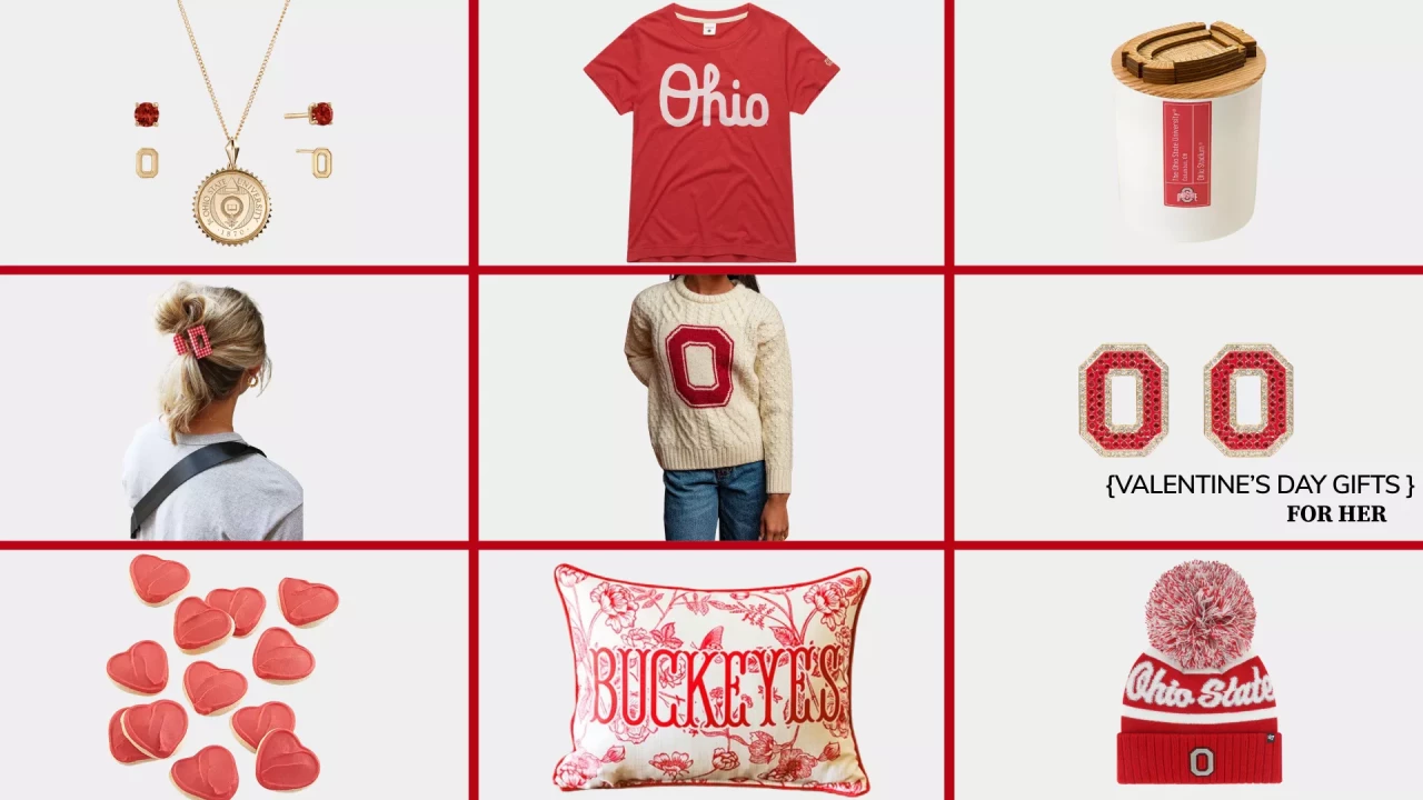 A collage of women's Ohio State themed items, including apparel, hard goods, decor, jewelry, and cookies