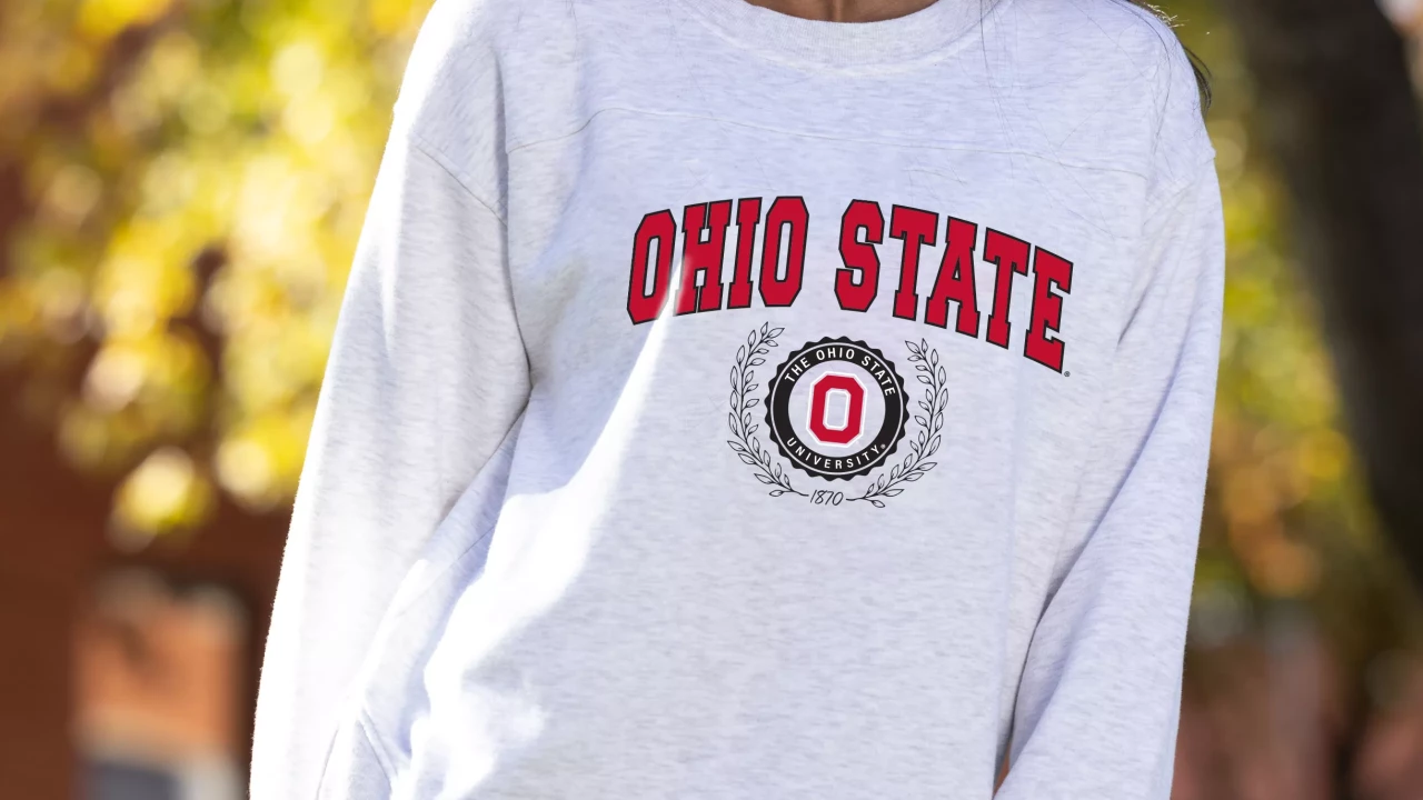 Model is wearing a gray crewneck sweatshirt, with Block O 