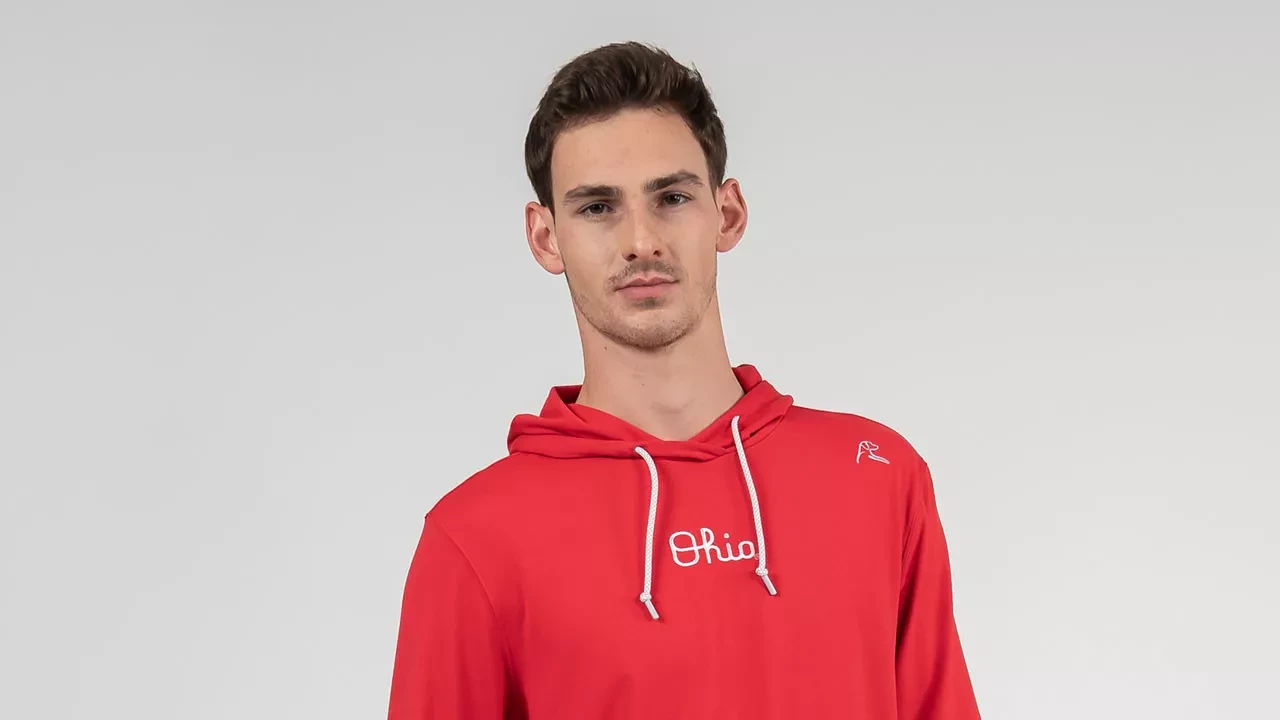 Red Script Ohio Hoodie by Rhoback on one model