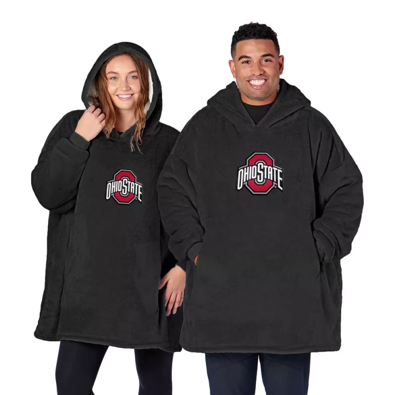 two models smiling at the camera stand side by side wearing oversized black ohio state sherpa hoodies