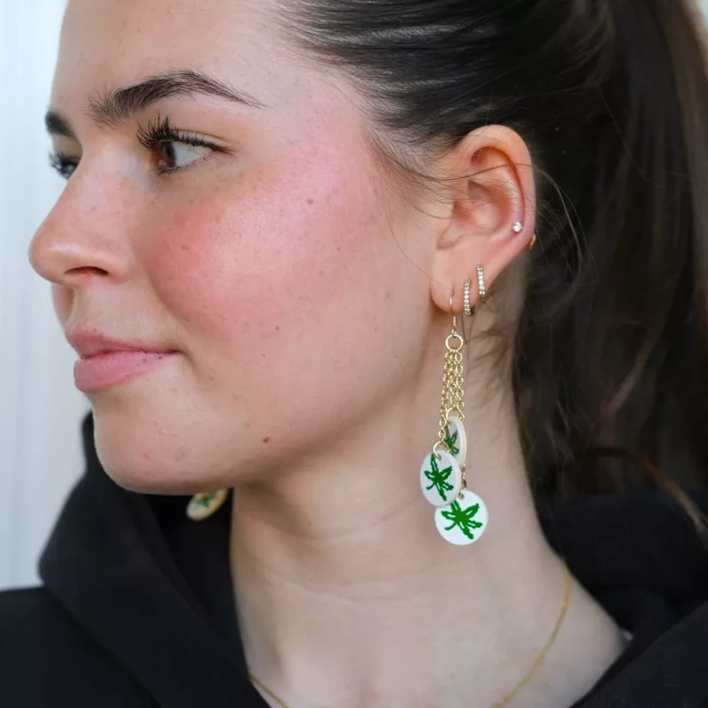 a model looks to her left and wears a gold dangly earring. it has 3 pendants dangling and each has a green buckeye leaf on a white background, in a circle shape. 
