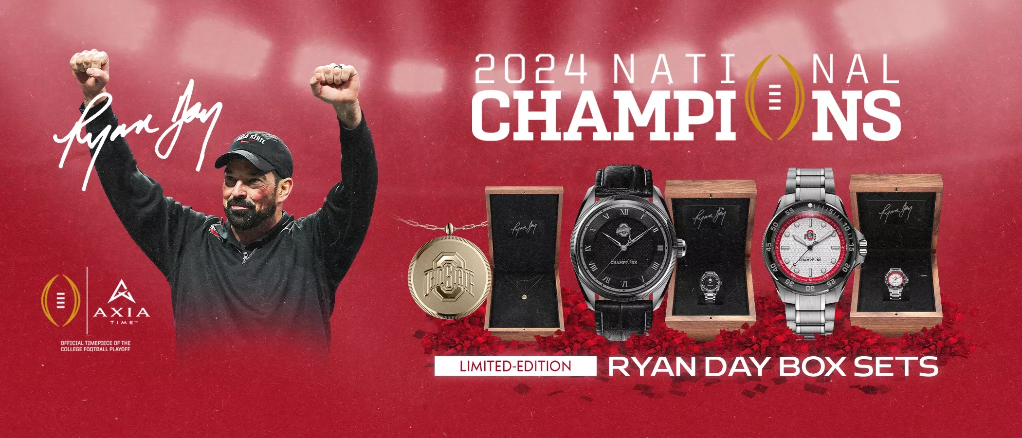 Graphic of Ryan Day next to an array of Ohio State Axia watches on a red background with 