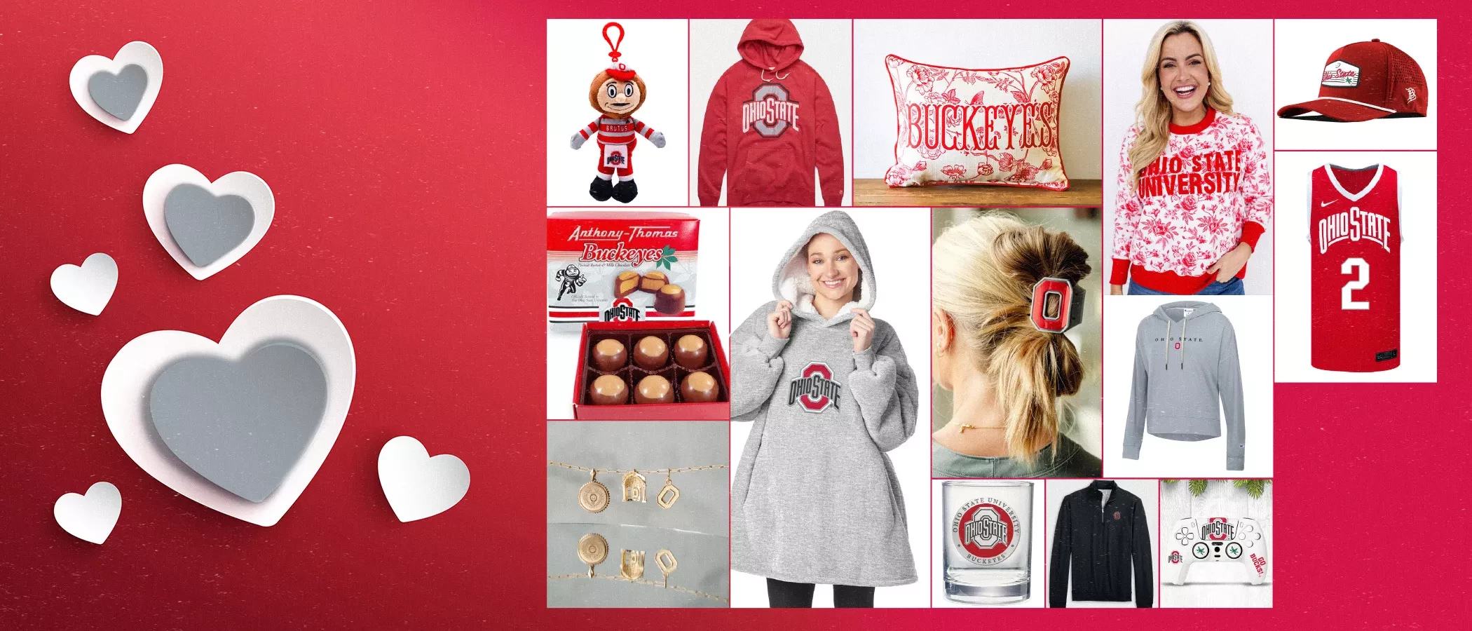 a collage of valentine's day products on a scarlet background with gray and white heart details on the side 